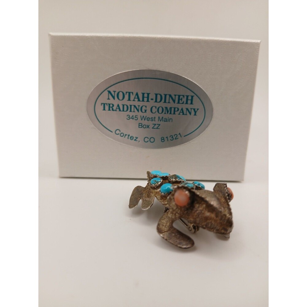 Vintage Sterling Silver Stamped Navajo Turquoise Pink Coral Horny Toad Pin